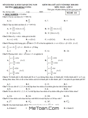 Đề thi giữa HK1 Toán 11 năm 2020 - 2021 trường THPT Hùng Vương - Quảng Nam