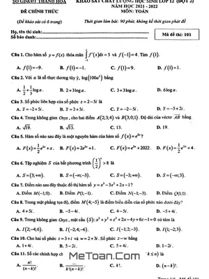 Đề khảo sát chất lượng Toán 12 (đợt 2) năm 2021 - 2022 sở GD&ĐT Thanh Hóa