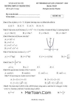Đề thi khảo sát Toán 12 năm 2018 trường THPT Lý Thánh Tông - Hà Nội (lần 4) có đáp án