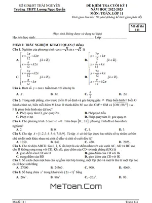 Đề thi học kì 1 Toán 11 năm 2022 - 2023 có đáp án THPT Lương Ngọc Quyến - Thái Nguyên