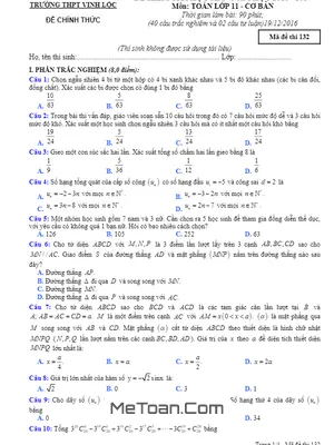 Đề thi HK1 Toán 11 cơ bản năm học 2016 - 2017 trường Vinh Lộc - TT Huế