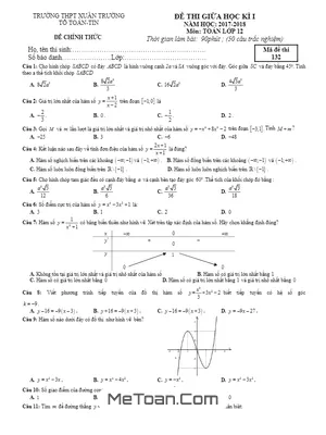 Đề thi giữa học kỳ I môn Toán lớp 12 năm 2017 - 2018 trường THPT Xuân Trường - Nam Định