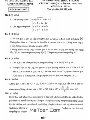 Đề Olympic Tháng 4 Toán 10 Năm 2020 - 2021 Sở GD&ĐT TP. Hồ Chí Minh