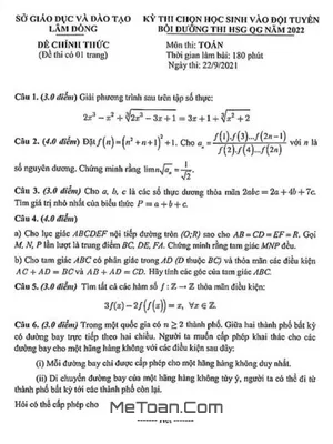 Đề thi chọn HSG Quốc gia môn Toán năm 2022 Sở GD&ĐT Lâm Đồng