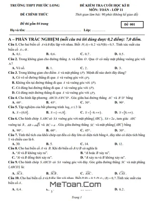 Đề cuối kì 2 Toán 11 năm 2023 - 2024 trường THPT Phước Long - Bình Phước