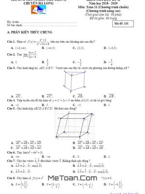 Đề thi HK2 Toán 11 năm 2018 – 2019 trường chuyên Hạ Long – Quảng Ninh