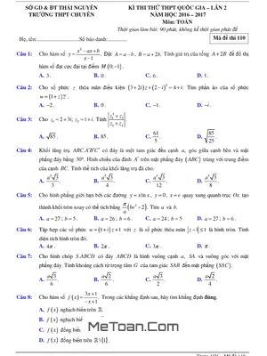 Đề Thi Thử THPT Quốc Gia 2017 Môn Toán Trường THPT Chuyên Thái Nguyên Lần 2