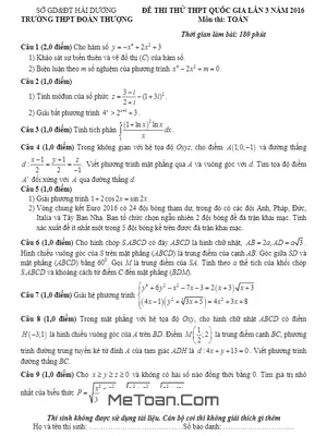 Đề thi thử THPT Quốc gia 2016 môn Toán trường Đoàn Thượng - Hải Dương lần 3