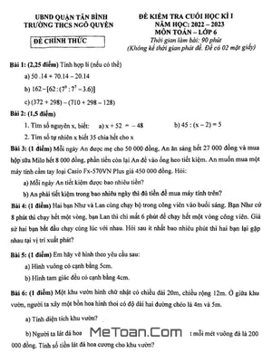 Đề kiểm tra HK1 Toán 6 năm 2022 – 2023 trường THCS Ngô Quyền – TP HCM