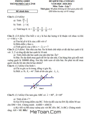 Đề kiểm tra cuối kì 1 Toán 7 năm 2020 - 2021 phòng GD&ĐT TP Cao Lãnh - Đồng Tháp