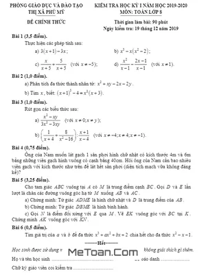 Đề thi học kì 1 Toán 8 năm 2019 - 2020 phòng GD&ĐT Phú Mỹ - BR VT