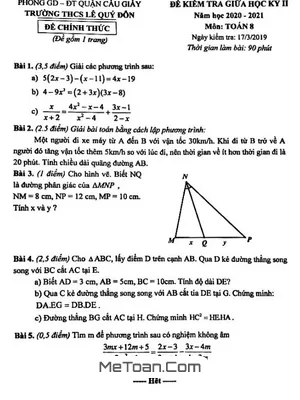 Đề thi giữa kỳ 2 Toán 8 năm 2020 - 2021 trường THCS Lê Quý Đôn - Hà Nội