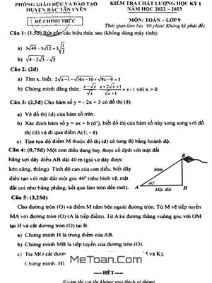 Đề học kỳ 1 Toán 9 năm 2022 – 2023 phòng GD&ĐT Bắc Tân Uyên – Bình Dương