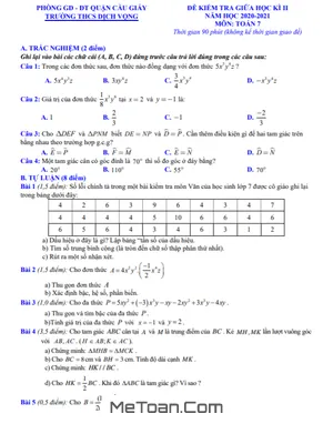 Đề kiểm tra giữa kì 2 Toán 7 năm 2020 - 2021 trường THCS Dịch Vọng - Hà Nội