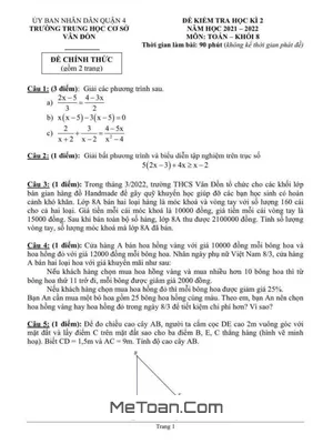Đề kiểm tra học kì 2 Toán 8 năm 2021 - 2022 trường THCS Vân Đồn - TP HCM