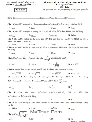 Đề khảo sát Toán 9 lần 2 năm 2021 - 2022 phòng GD&ĐT thành phố Bắc Ninh
