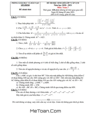 Đề thi học sinh giỏi Toán 7 năm 2020 - 2021 phòng GD&ĐT Yên Định, Thanh Hóa