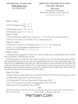 Đề thi Toán 9 học kỳ 2 năm 2023 - 2024 có đáp án Sở GD&ĐT Đồng Nai