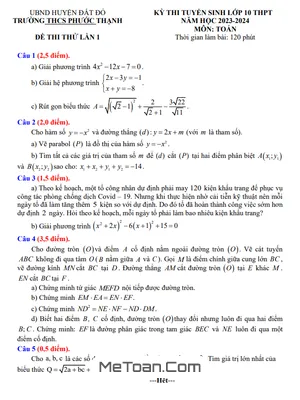 Đề thi thử Toán vào lớp 10 lần 1 năm 2023 - 2024 trường THCS Phước Thạnh - BR VT
