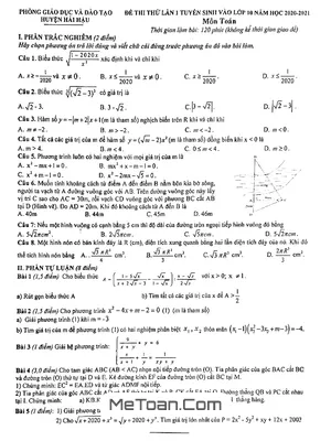 Đề thi thử Toán vào 10 lần 1 năm 2020 - 2021 phòng GD&ĐT Hải Hậu