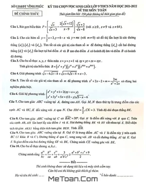 Đề thi chọn HSG Toán 9 năm 2021 - 2022 sở GD&ĐT Vĩnh Phúc
