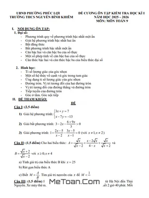 Đề Cương Ôn Tập Cuối Kỳ 1 Toán 9 Năm Học 2025-2026 THCS Nguyễn Bỉnh Khiêm (Kèm Đề Tham Khảo)