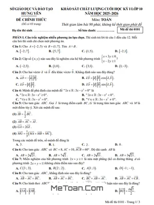 Đề Thi Toán 10 Học Kỳ 1 Năm 2025-2026 Sở GD&ĐT Hưng Yên Có Đáp Án Chi Tiết