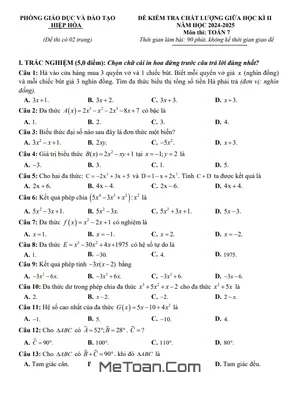 Đề Giữa Học Kì 2 Toán 7 Năm Học 2024 – 2025 Phòng GD&ĐT Hiệp Hòa – Bắc Giang