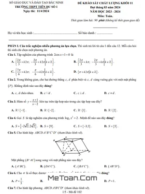 Đề khảo sát Toán 11 đợt tháng 03 năm 2024 trường THPT Tiên Du 1 – Bắc Ninh