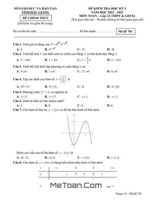 Đề kiểm tra học kỳ 1 Toán 12 năm 2022 – 2023 sở GD&ĐT Hậu Giang