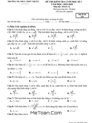 Đề thi cuối kì 1 Toán 12 năm học 2019 - 2020 trường Việt Úc - TP HCM