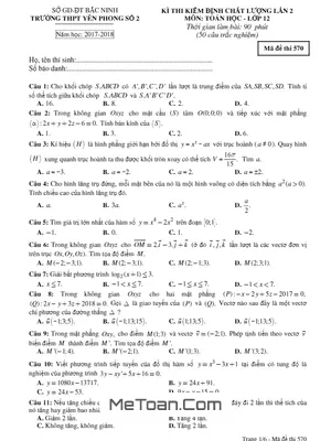 Đề Kiểm Định Chất Lượng Toán 12 Trường THPT Yên Phong Số 2 - Bắc Ninh Lần 2 - Mã Đề 570