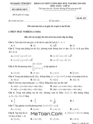 Đề thi học kỳ 2 Toán 10 năm học 2019 - 2020 sở GD&ĐT Vĩnh Phúc