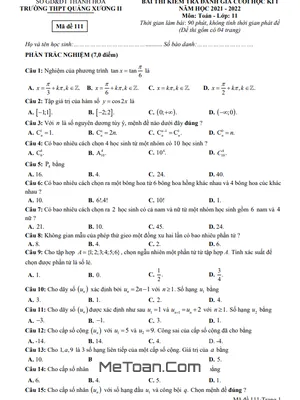 Đề thi cuối kì 1 Toán 11 năm 2021 - 2022 trường THPT Quảng Xương 2 - Thanh Hóa