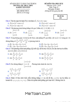 Đề kiểm tra học kỳ 2 Toán 12 năm 2018 - 2019 trường Albert Einstein - TP HCM