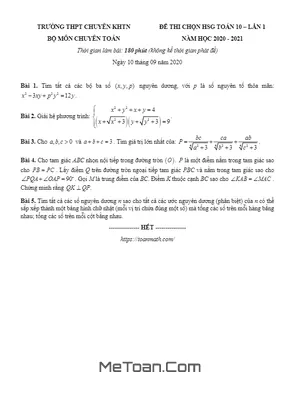 Đề thi HSG Toán 10 lần 1 năm 2020-2021 trường Chuyên KHTN Hà Nội