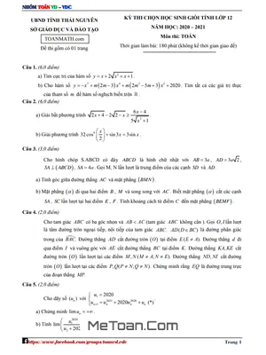 Đề thi học sinh giỏi Toán 12 cấp tỉnh năm 2020 - 2021 sở GD&ĐT Thái Nguyên
