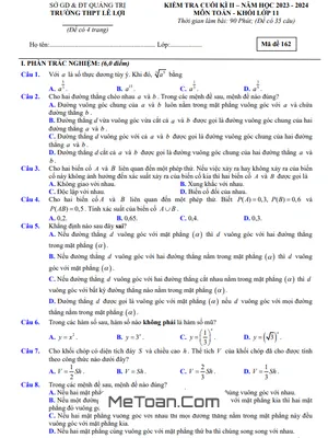 Đề Thi Cuối Kì 2 Môn Toán Lớp 11 Năm 2023 - 2024 Trường THPT Lê Lợi - Quảng Trị