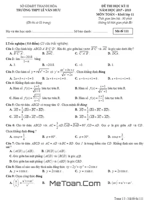 Đề thi học kì 2 Toán 11 năm 2017 - 2018 trường THPT Lê Văn Hưu - Thanh Hóa