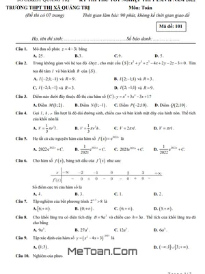 Đề Thi Thử TN THPT 2022 Môn Toán Lần 2 Trường THPT Thị Xã Quảng Trị
