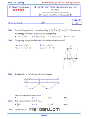 Đề Thi Thử THPT Quốc Gia Môn Toán Năm 2019 Sở GD&ĐT Cao Bằng