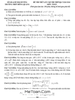 Đề thi thử THPT Quốc gia 2016 môn Toán trường Hồng Quang - Hải Dương lần 3 (Có đáp án)