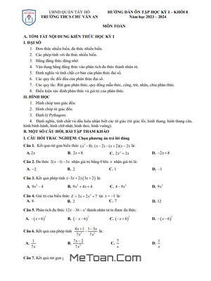 Ôn Tập Học Kỳ 1 Toán 8 Năm 2023 - 2024 Trường THCS Chu Văn An - Hà Nội