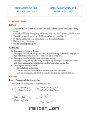 Đề Cương ôn Tập HK2 Toán 9 Năm 2017 - 2018 Trường THCS Cát Linh - Hà Nội