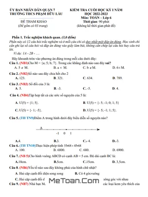 Đề tham khảo học kỳ 1 Toán 6 năm 2022 – 2023 trường THCS Phạm Hữu Lầu – TP HCM