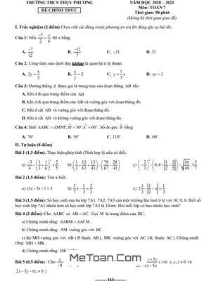 Đề Thi Học Kì 1 Toán 7 Năm 2020 - 2021 Trường THCS Thụy Phương - Hà Nội