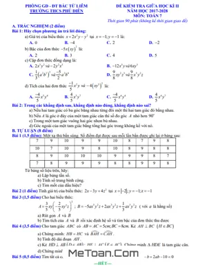 Đề kiểm tra giữa học kì 2 Toán 7 năm 2017 - 2018 trường THCS Phú Diễn - Hà Nội