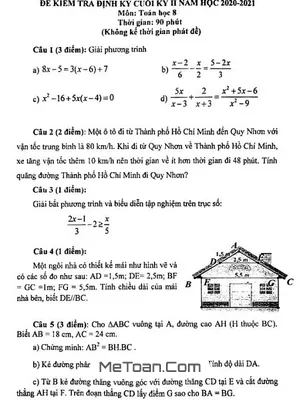 Đề thi Toán 8 cuối kỳ 2 năm 2020-2021 phòng GD&ĐT Quận 12 - TPHCM