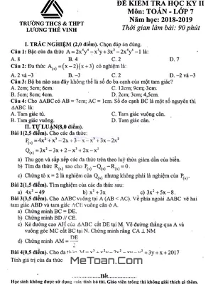 Đề thi HK2 Toán lớp 7 năm 2018 - 2019 trường Lương Thế Vinh - Hà Nội
