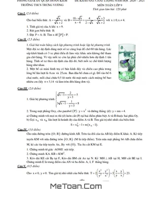 Đề khảo sát chất lượng môn Toán lớp 9 năm học 2020 - 2021 trường THCS Trưng Vương - Hà Nội